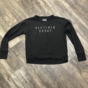 Victoria’s Secret Black Crewneck Sweatshirt Sport Ruffle Sleeve Silver Writing M